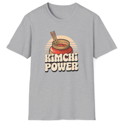 Kimchi Power grey fermentation T-shirt featuring bold typography and an onggi pot filled with vibrant kimchi, chopsticks ready. Perfect for fermenters, foodies, and Korean cuisine lovers. Soft, breathable unisex cotton tee, ideal for everyday wear and fermentation fans

