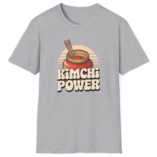 Kimchi Power grey fermentation T-shirt featuring bold typography and an onggi pot filled with vibrant kimchi, chopsticks ready. Perfect for fermenters, foodies, and Korean cuisine lovers. Soft, breathable unisex cotton tee, ideal for everyday wear and fermentation fans
