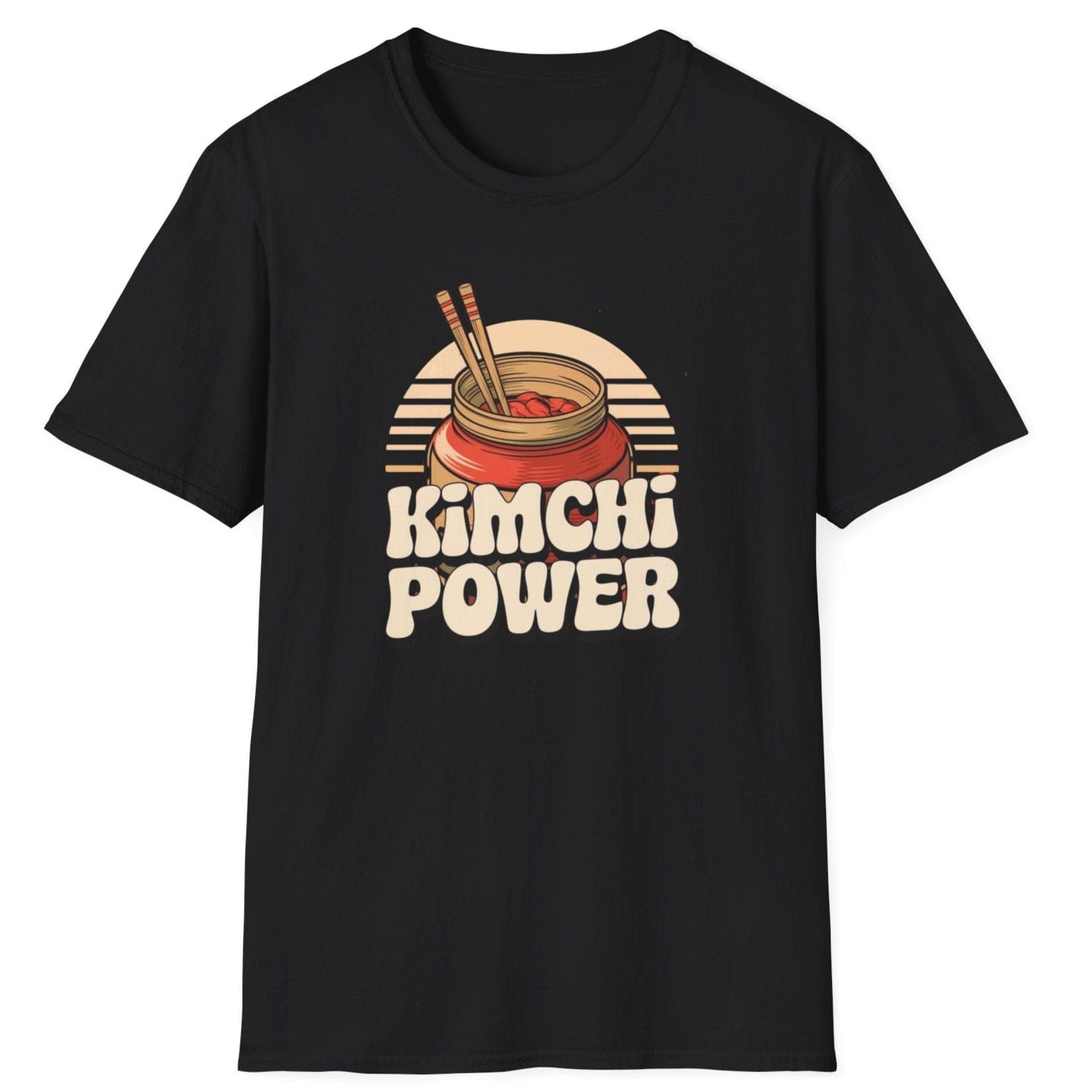 Kimchi Power black fermentation T-shirt featuring bold typography and an onggi pot filled with vibrant kimchi, chopsticks ready. Perfect for fermenters, foodies, and Korean cuisine lovers. Soft, breathable unisex cotton tee, ideal for everyday wear and fermentation fans
