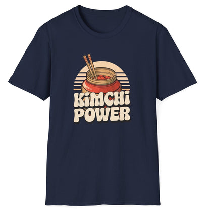 Kimchi Power navy fermentation T-shirt featuring bold typography and an onggi pot filled with vibrant kimchi, chopsticks ready. Perfect for fermenters, foodies, and Korean cuisine lovers. Soft, breathable unisex cotton tee, ideal for everyday wear and fermentation fans