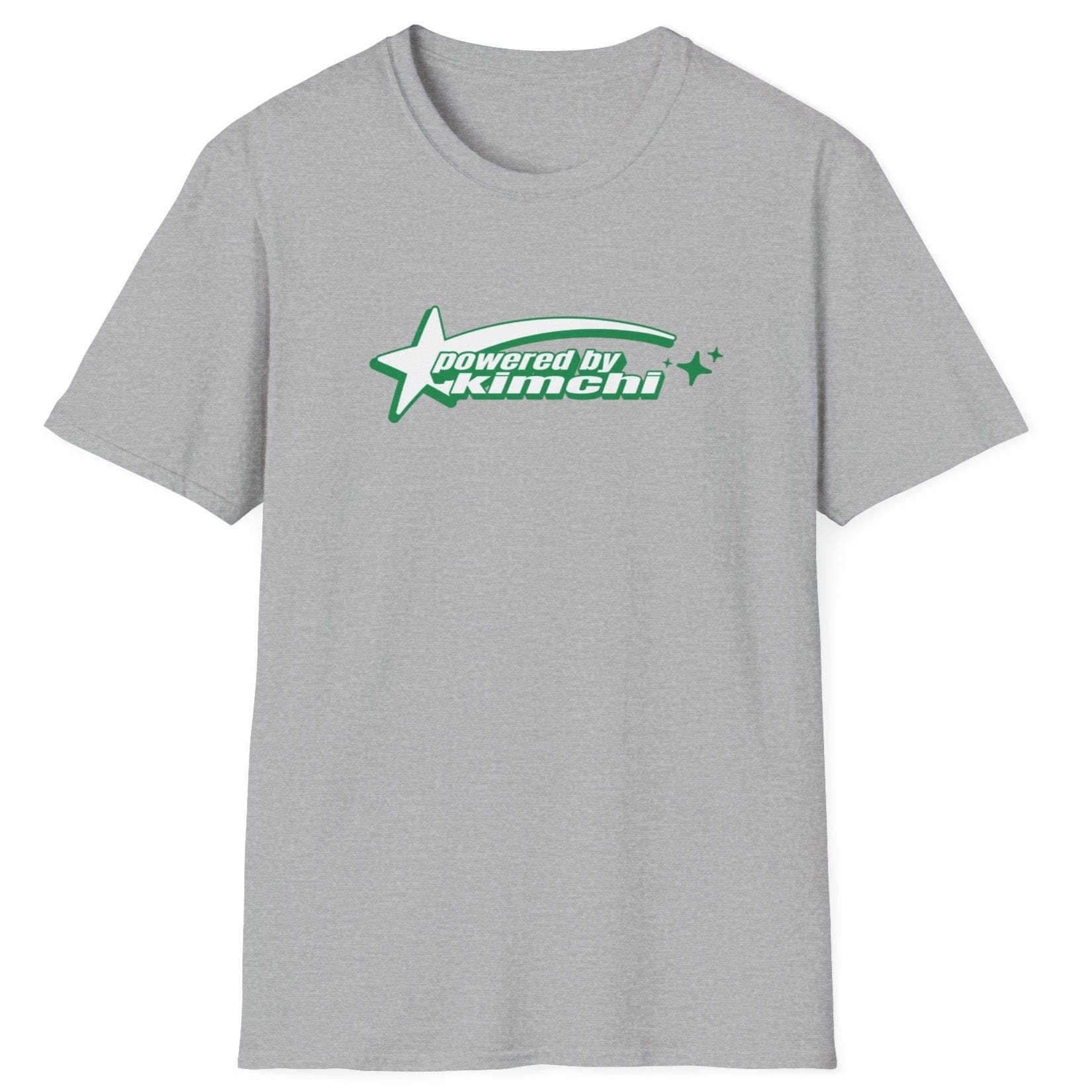 Kimchi Power grey fermentation T-shirt with retro shooting star design on a soft, relaxed-fit unisex cotton tee. A great gift for kimchi lovers, fermenters, and probiotic fans