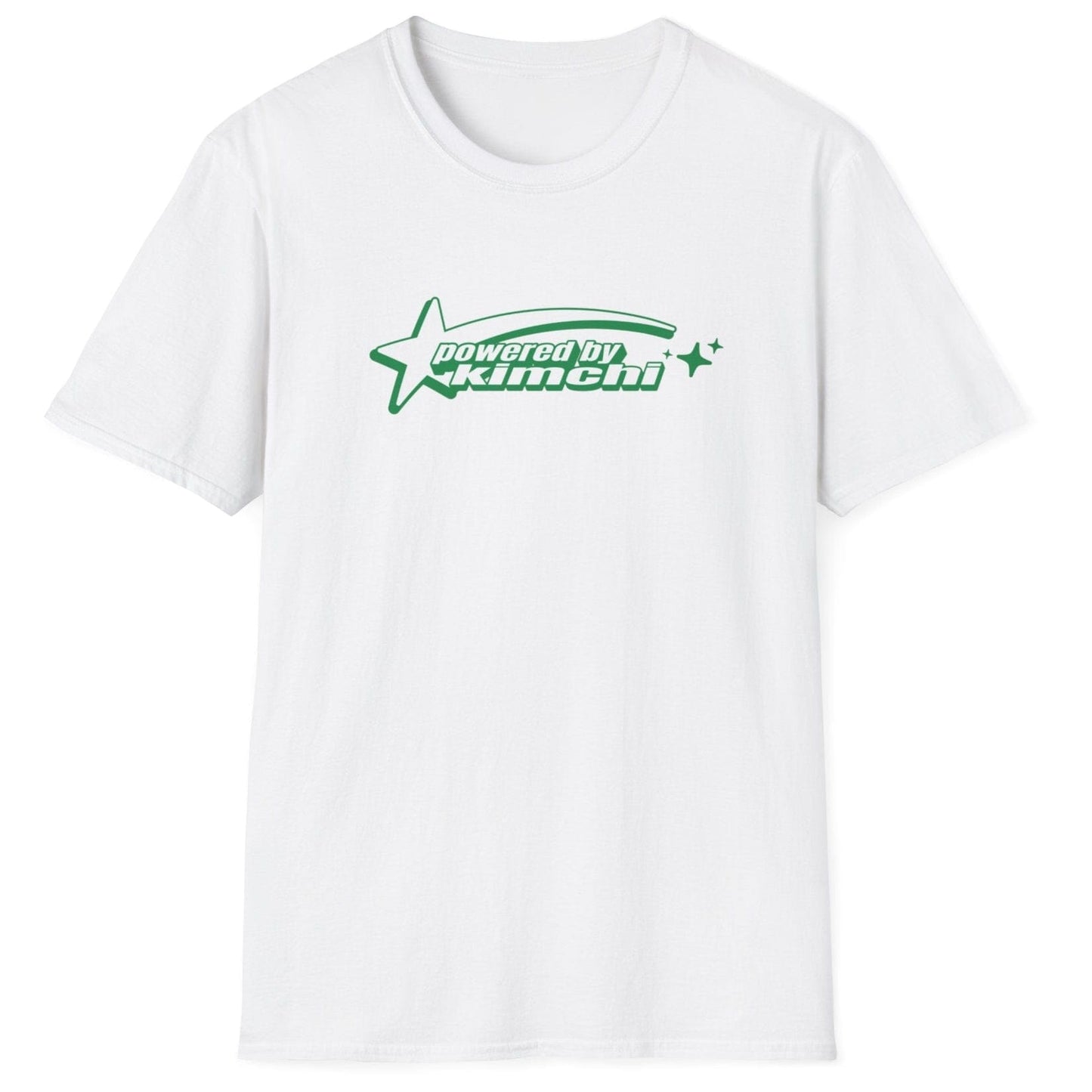 Kimchi Power white fermentation T-shirt with retro shooting star design on a soft, relaxed-fit unisex cotton tee. A great gift for kimchi lovers, fermenters, and probiotic fans
