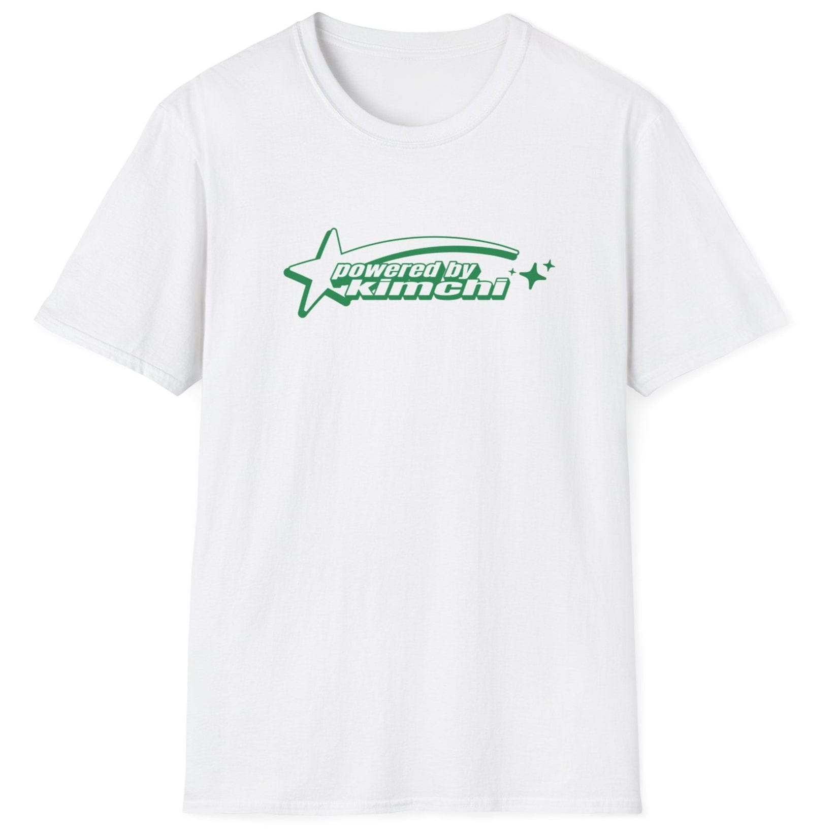 Kimchi Power white fermentation T-shirt with retro shooting star design on a soft, relaxed-fit unisex cotton tee. A great gift for kimchi lovers, fermenters, and probiotic fans