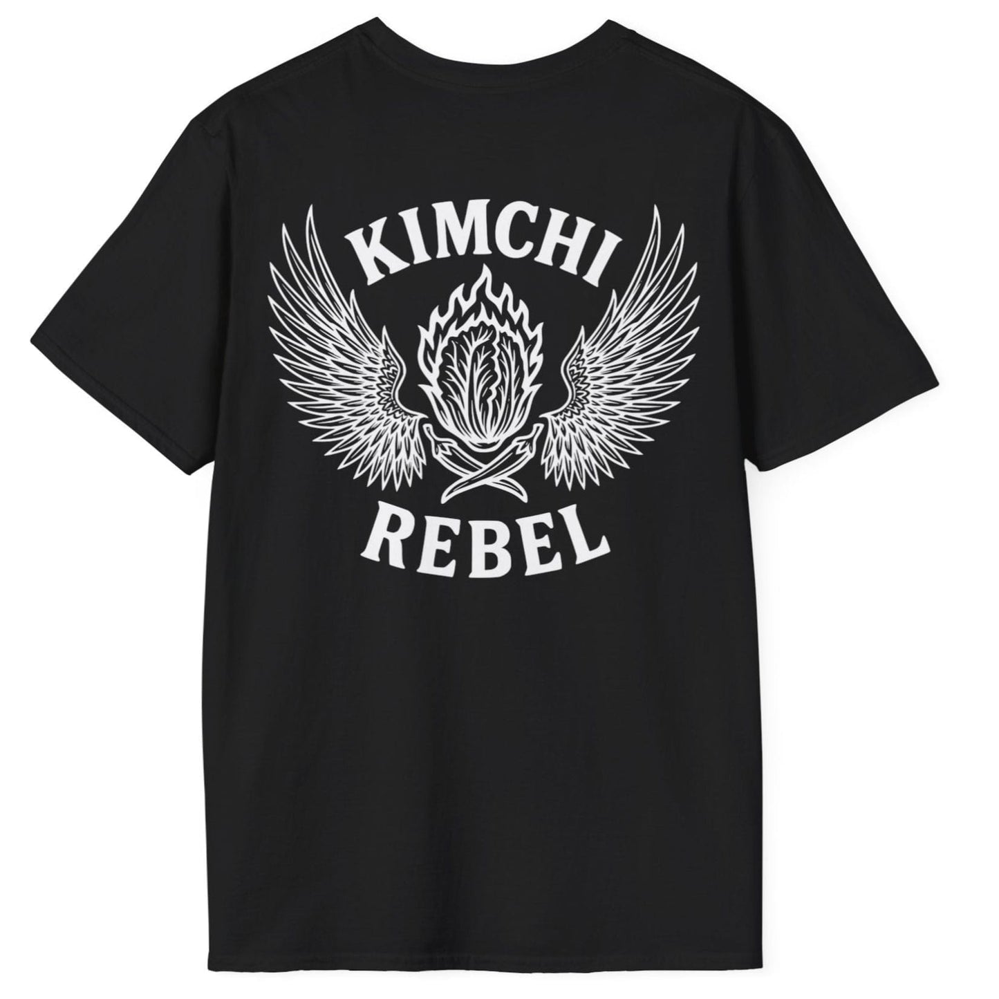 Kimchi rebel T-shirt in black cotton. Bold back print with flaming nappa cabbage to represent the spicy side of kimchi. For rebels with a case. Great gift for fermenters and kimchi lovers.