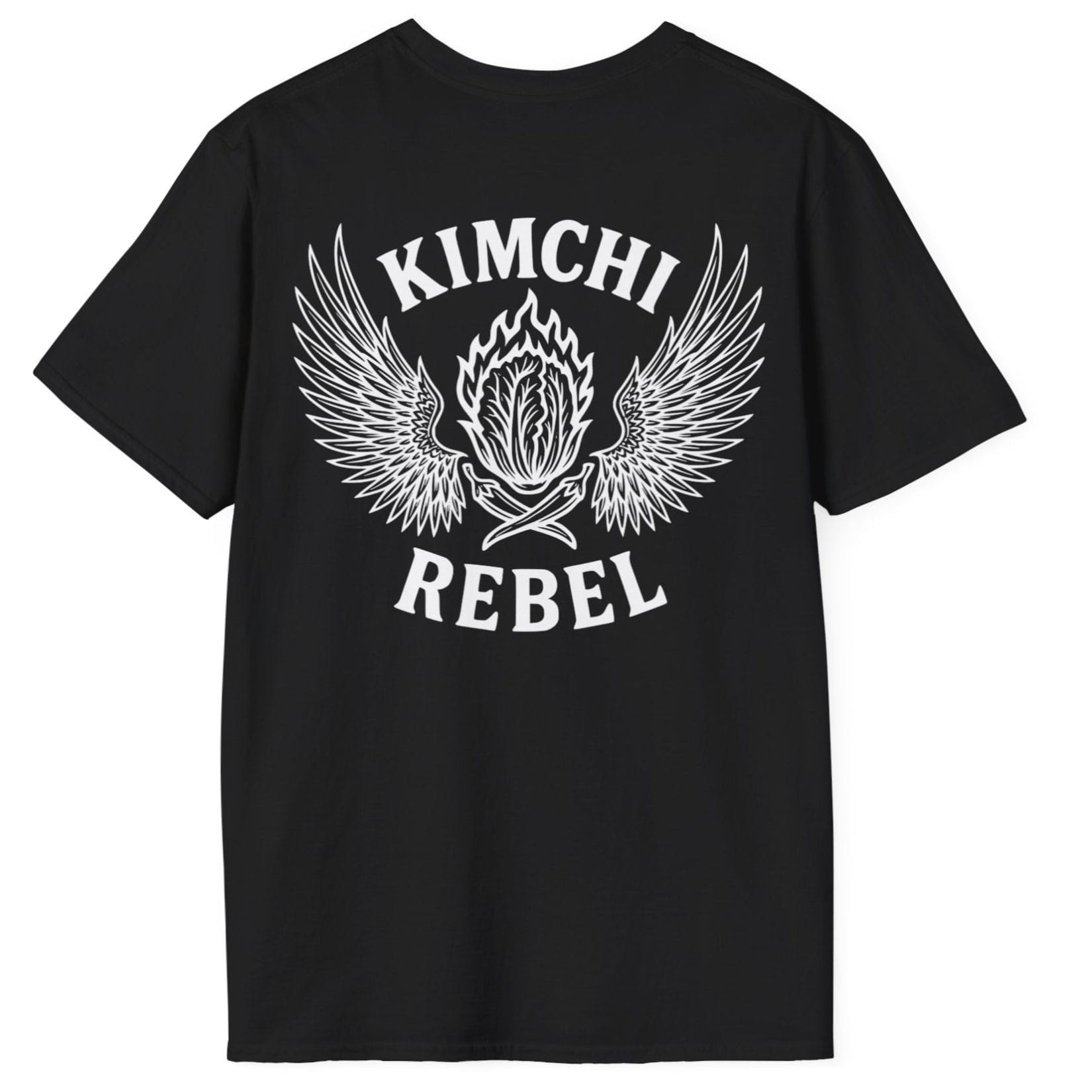 Kimchi rebel T-shirt in black cotton. Bold back print with flaming nappa cabbage to represent the spicy side of kimchi. For rebels with a case. Great gift for fermenters and kimchi lovers.