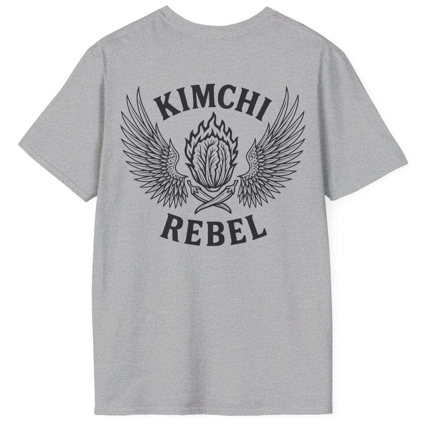 Kimchi rebel T-shirt in grey cotton. Bold back print with flaming nappa cabbage to represent the spicy side of kimchi. For rebels with a case. Great gift for fermenters and kimchi lovers.