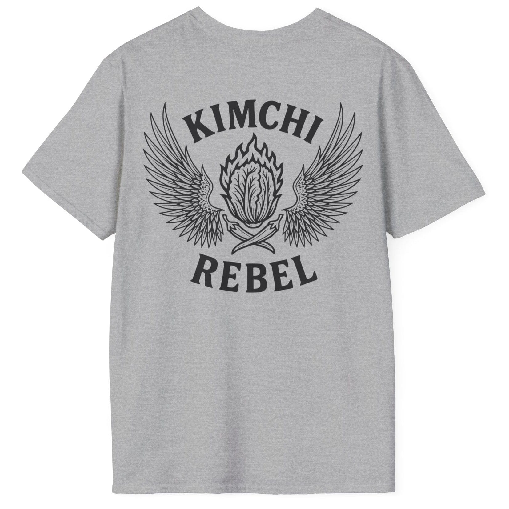 Kimchi rebel T-shirt in grey cotton. Bold back print with flaming nappa cabbage to represent the spicy side of kimchi. For rebels with a case. Great gift for fermenters and kimchi lovers.