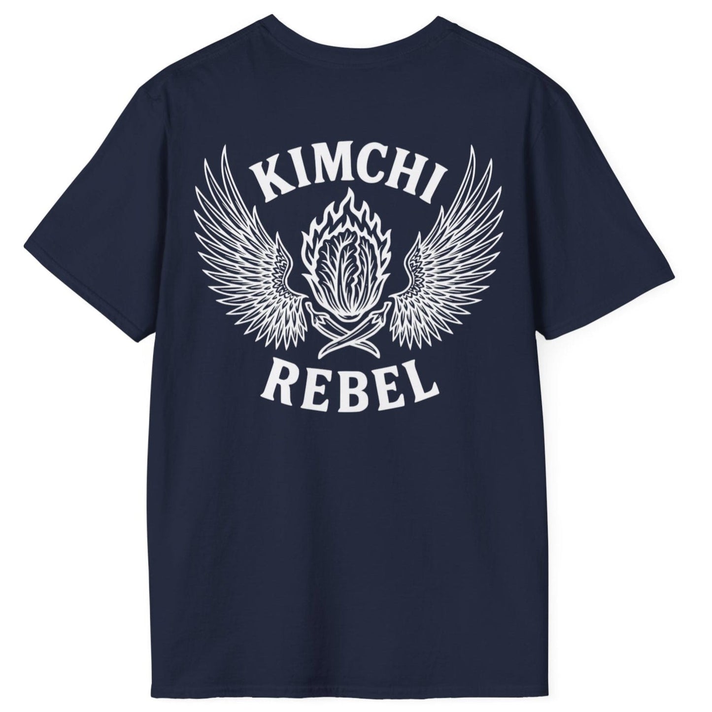 Kimchi rebel T-shirt in navy cotton. Bold back print with flaming nappa cabbage to represent the spicy side of kimchi. For rebels with a case. Great gift for fermenters and kimchi lovers.