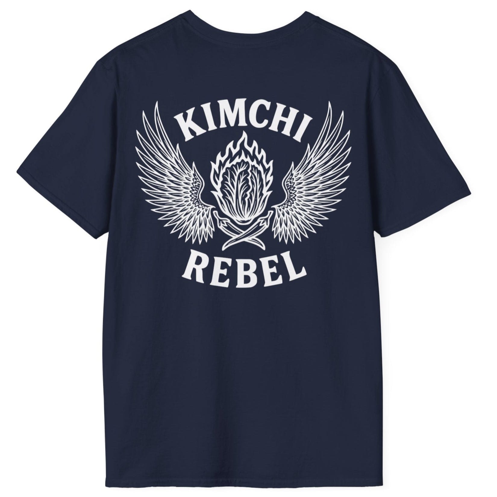 Kimchi rebel T-shirt in navy cotton. Bold back print with flaming nappa cabbage to represent the spicy side of kimchi. For rebels with a case. Great gift for fermenters and kimchi lovers.