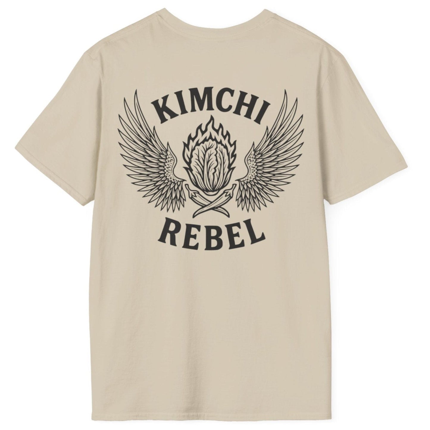 Kimchi rebel T-shirt in sand cotton. Bold back print with flaming nappa cabbage to represent the spicy side of kimchi. For rebels with a case. Great gift for fermenters and kimchi lovers.