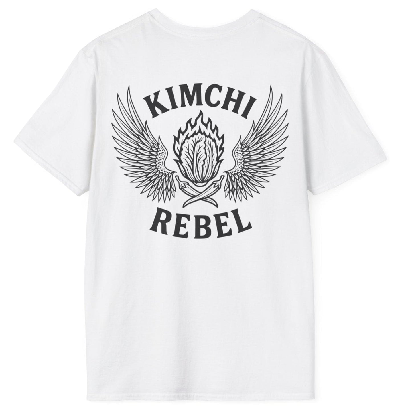 Kimchi rebel T-shirt in white cotton. Bold back print with flaming nappa cabbage to represent the spicy side of kimchi. For rebels with a case. Great gift for fermenters and kimchi lovers.