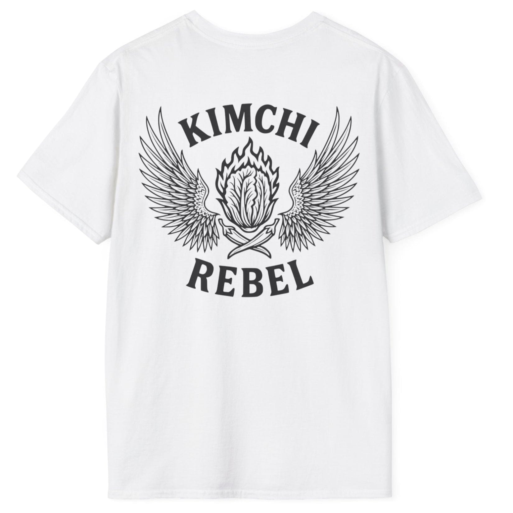 Kimchi rebel T-shirt in white cotton. Bold back print with flaming nappa cabbage to represent the spicy side of kimchi. For rebels with a case. Great gift for fermenters and kimchi lovers.