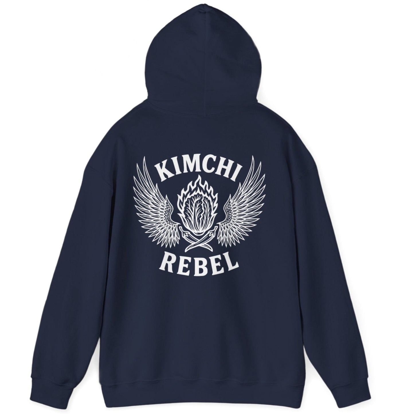 Navy Kimchi Rebel back print hoodie for fans of fermentation, featuring a nappa cabbage in spicy flames, wings and crossed chillies. Design inspired by vintage Harley Davidson jackets.