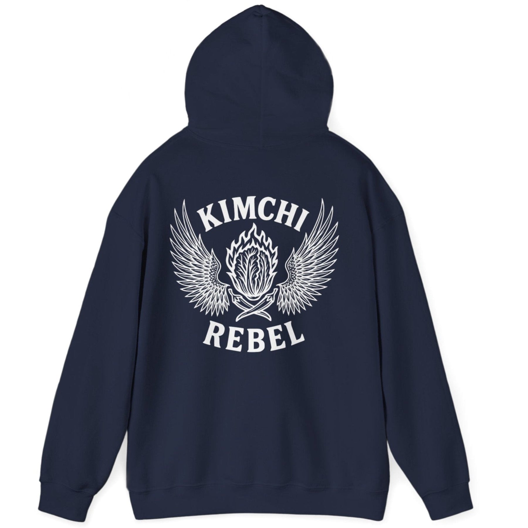 Navy Kimchi Rebel back print hoodie for fans of fermentation, featuring a nappa cabbage in spicy flames, wings and crossed chillies. Design inspired by vintage Harley Davidson jackets.