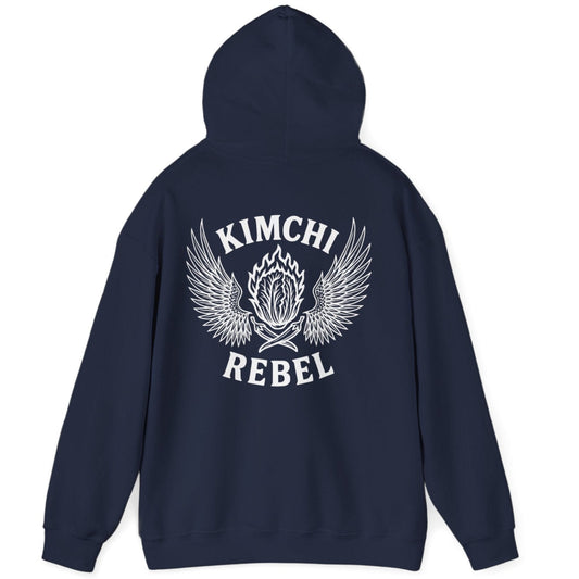 Navy Kimchi Rebel back print hoodie for fans of fermentation, featuring a nappa cabbage in spicy flames, wings and crossed chillies. Design inspired by vintage Harley Davidson jackets.