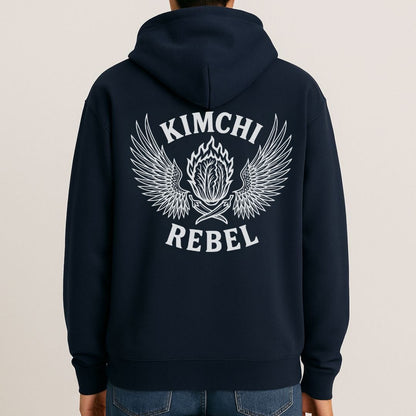 Navy Kimchi Rebel back print hoodie for fans of fermentation, featuring a nappa cabbage in spicy flames, wings and crossed chillies. Design inspired by vintage Harley Davidson jackets.