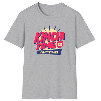 Kimchi Time Is Any Time fermentation T-shirt in sports grey for kimchi lovers, foodies, and fermentation fans. Bold typography design celebrating a love for Korean cuisine. Soft, breathable unisex cotton tee, perfect for everyday wear and foodie gifts.