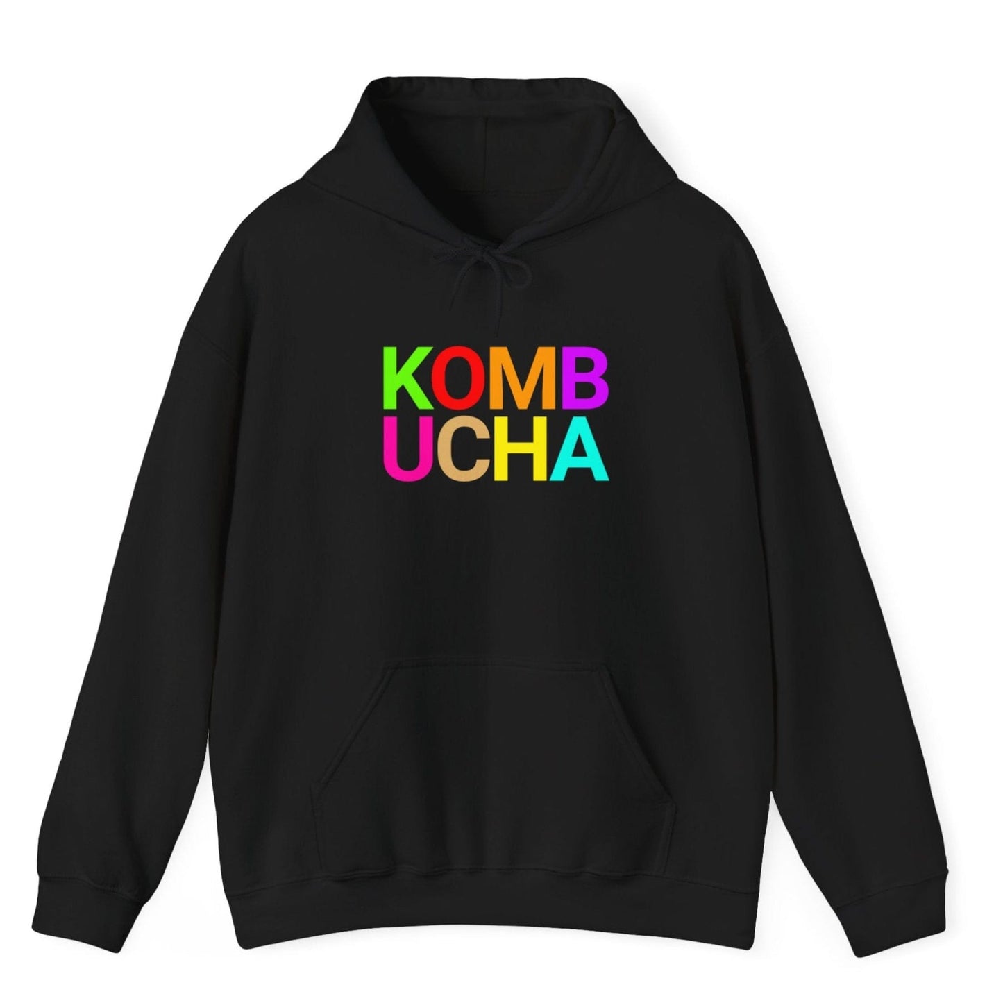 Black hoodie with the word 'KOMBUCHA' in bold colourful typography. Great gift for fermenters and kombucha brewers.
