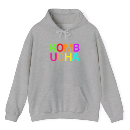 Grey hoodie with the word 'KOMBUCHA' in bold colourful typography. Great gift for fermenters and kombucha brewers.