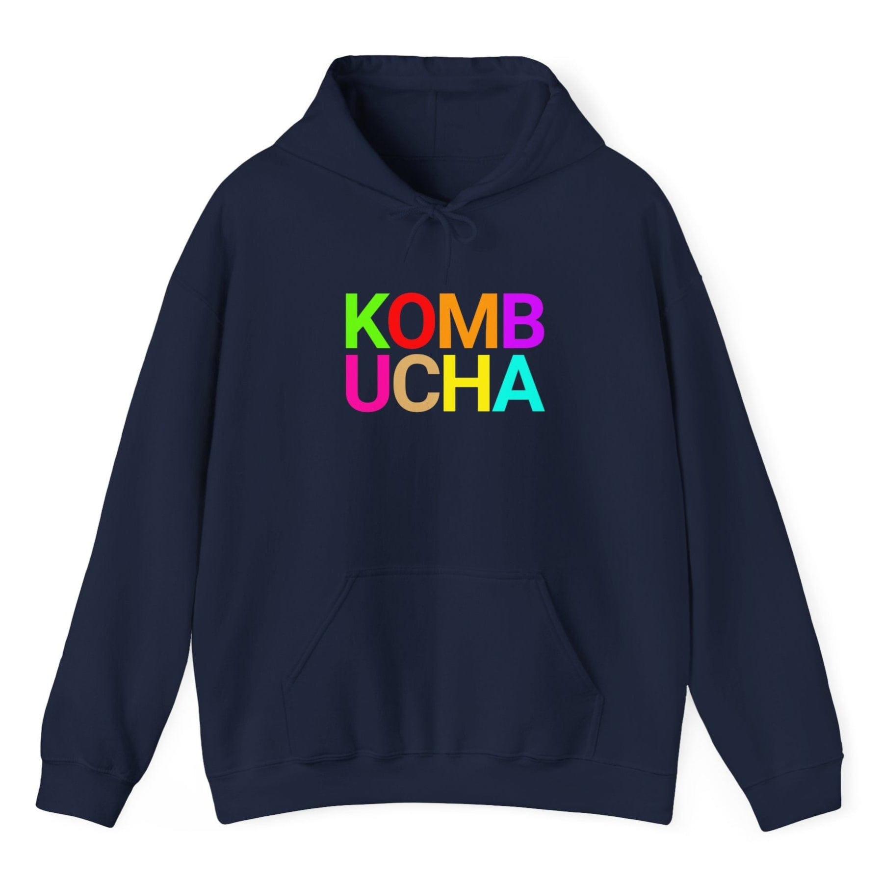Navy blue hoodie with the word 'KOMBUCHA' in bold colourful typography. Great gift for fermenters and kombucha brewers.