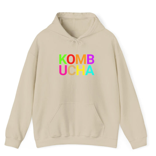 Sand coloured hoodie with the word 'KOMBUCHA' in bold colourful typography. Great gift for fermenters and kombucha brewers.