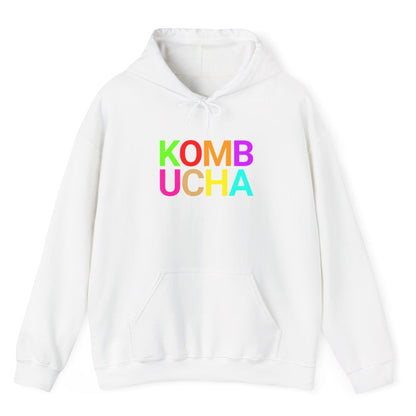 White hoodie with the word 'KOMBUCHA' in bold colourful typography. Great gift for fermenters and kombucha brewers.
