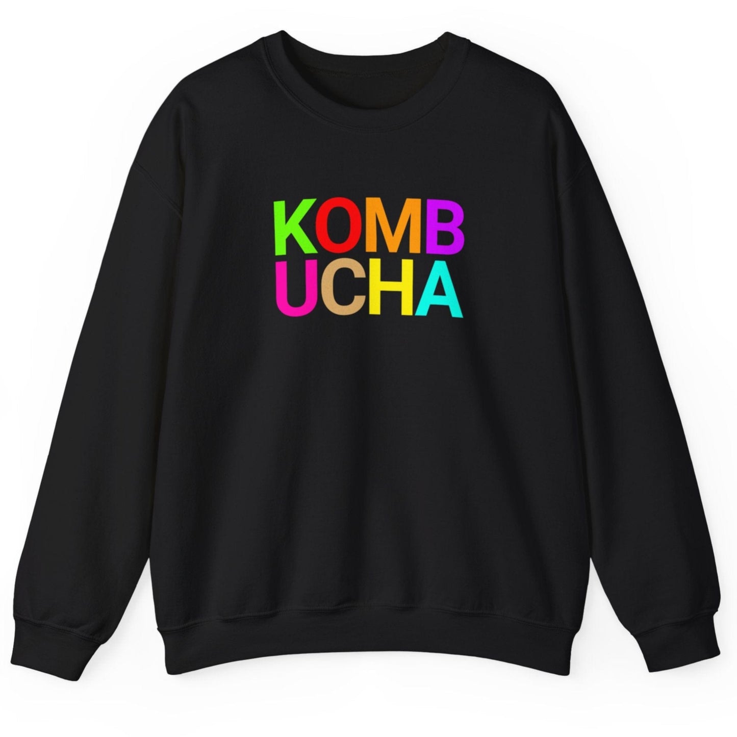 Black sweatshirt with the word 'KOMBUCHA' in bold colourful typography. Great gift for fermenters and kombucha brewers.