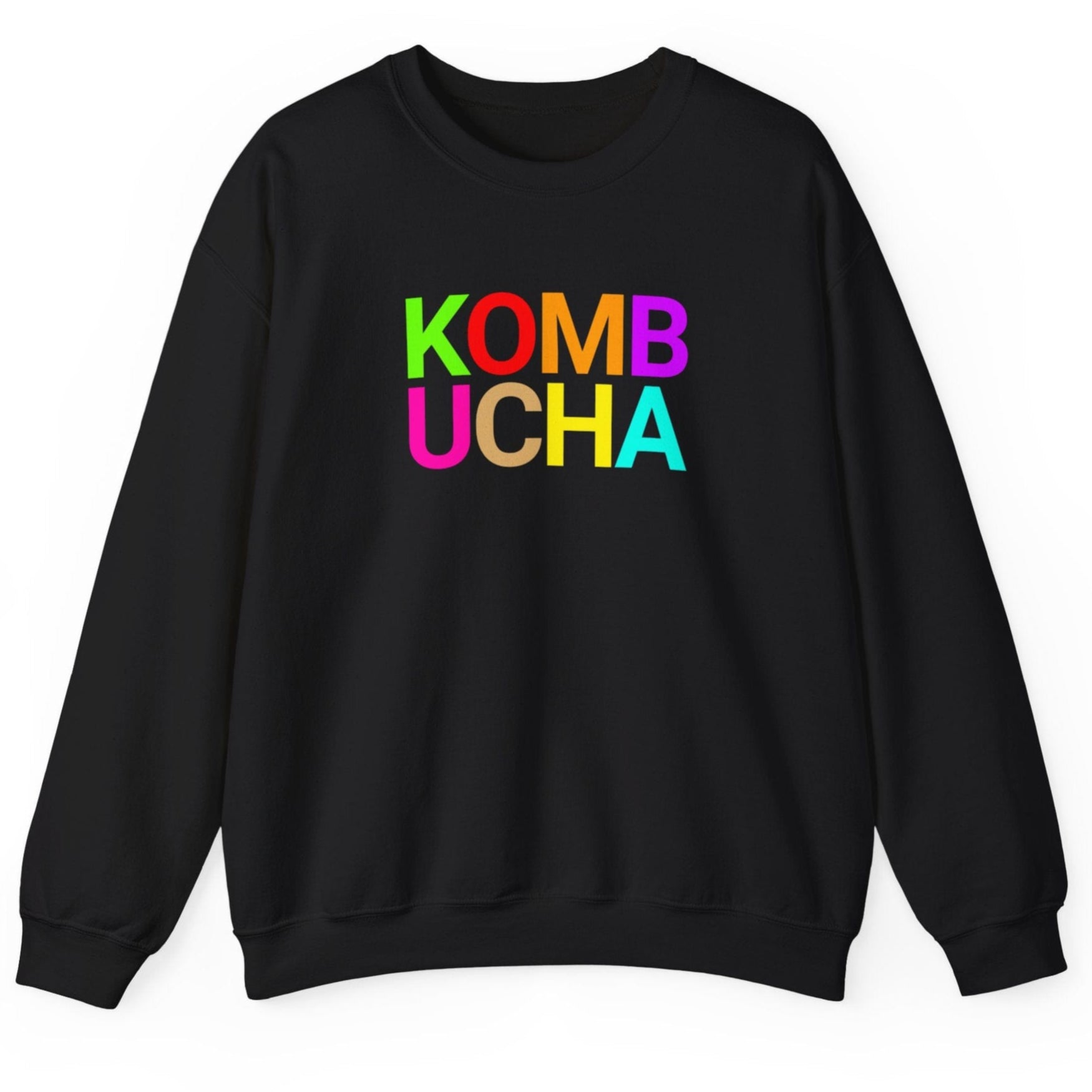 Black sweatshirt with the word 'KOMBUCHA' in bold colourful typography. Great gift for fermenters and kombucha brewers.