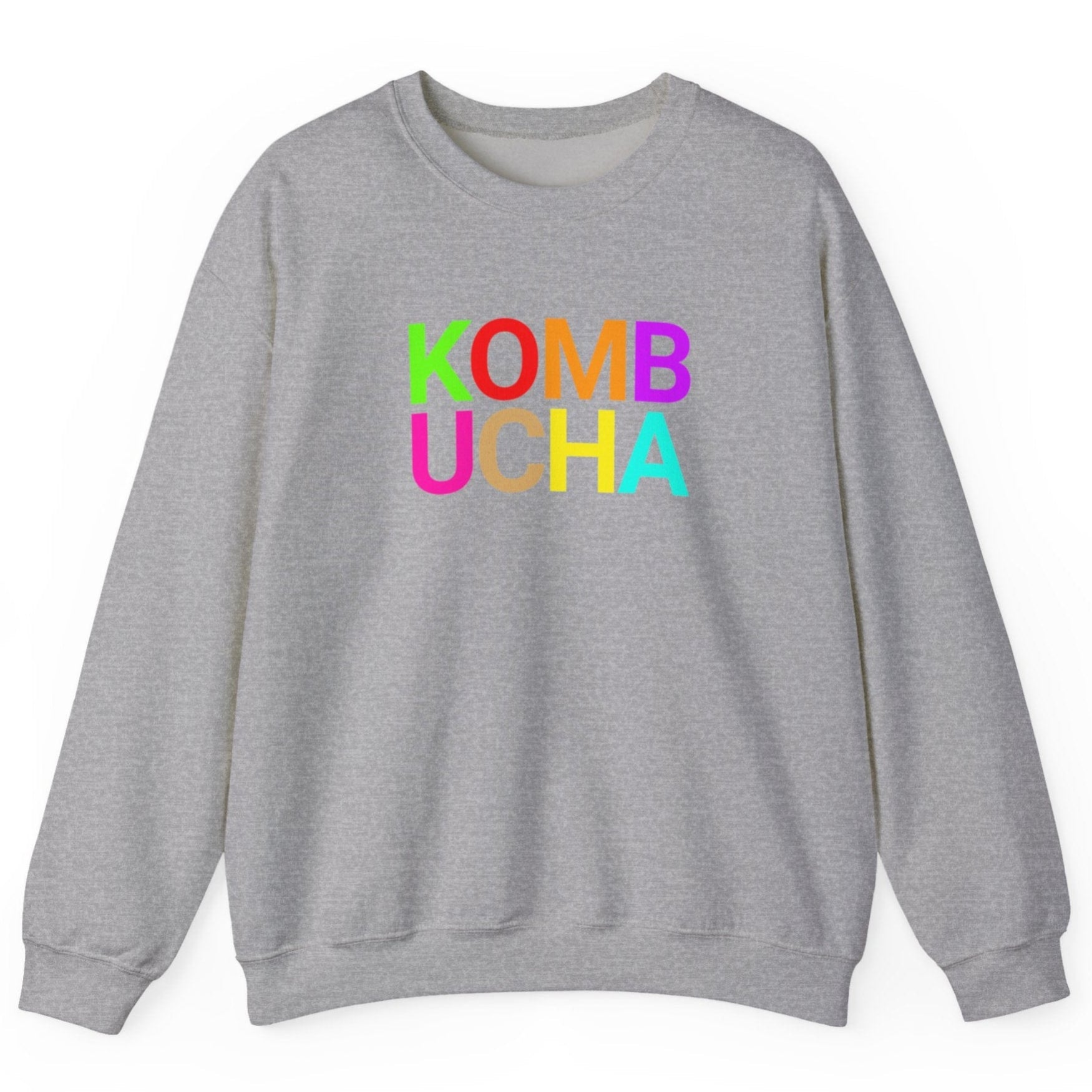 Grey sweatshirt with the word 'KOMBUCHA' in bold colourful typography. Great gift for fermenters and kombucha brewers.