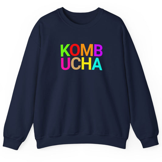 Navy blue sweatshirt with the word 'KOMBUCHA' in bold colourful typography. Great gift for fermenters and kombucha brewers.