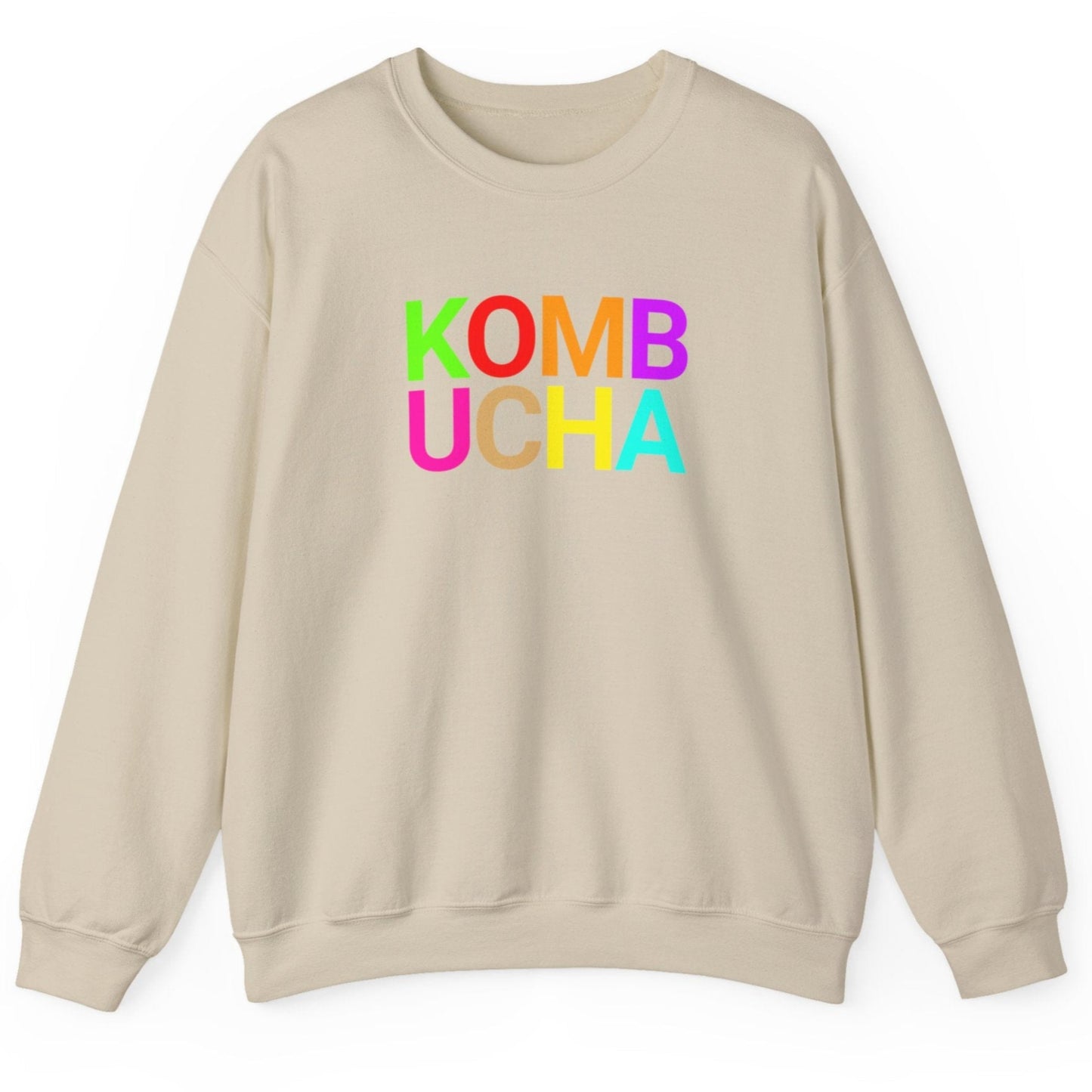 Sand coloured sweatshirt with the word 'KOMBUCHA' in bold colourful typography. Great gift for fermenters and kombucha brewers.