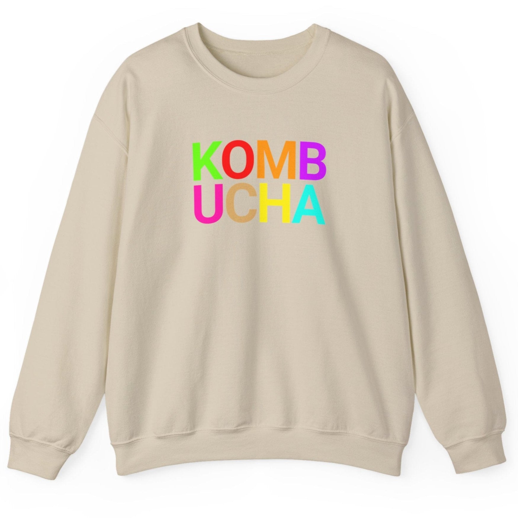 Sand coloured sweatshirt with the word 'KOMBUCHA' in bold colourful typography. Great gift for fermenters and kombucha brewers.