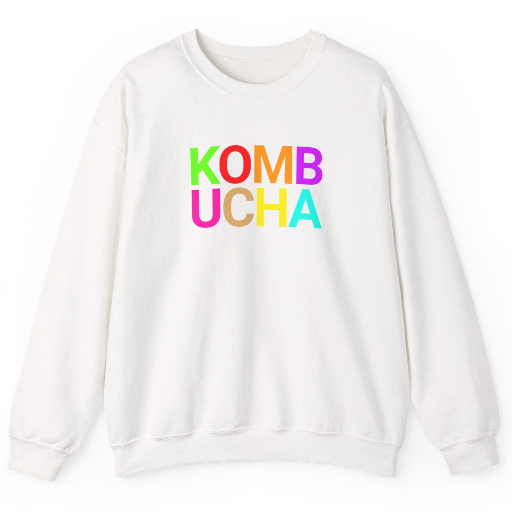 White sweatshirt with the word 'KOMBUCHA' in bold colourful typography. Great gift for fermenters and kombucha brewers.