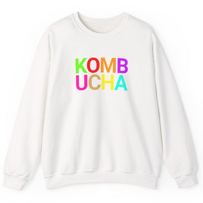 White sweatshirt with the word 'KOMBUCHA' in bold colourful typography. Great gift for fermenters and kombucha brewers.