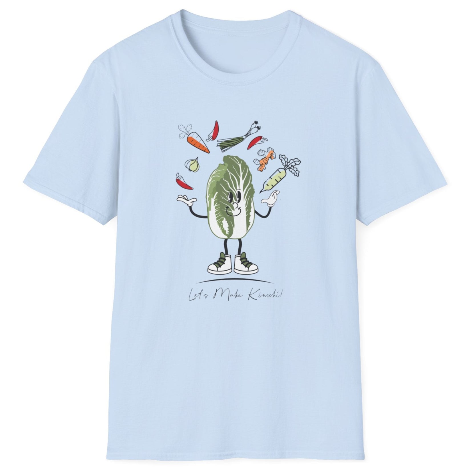 Let’s Make Kimchi T-Shirt featuring a playful nappa cabbage juggling ingredients. The perfect fermentation T-shirt and gift for fermenters and kimchi lovers