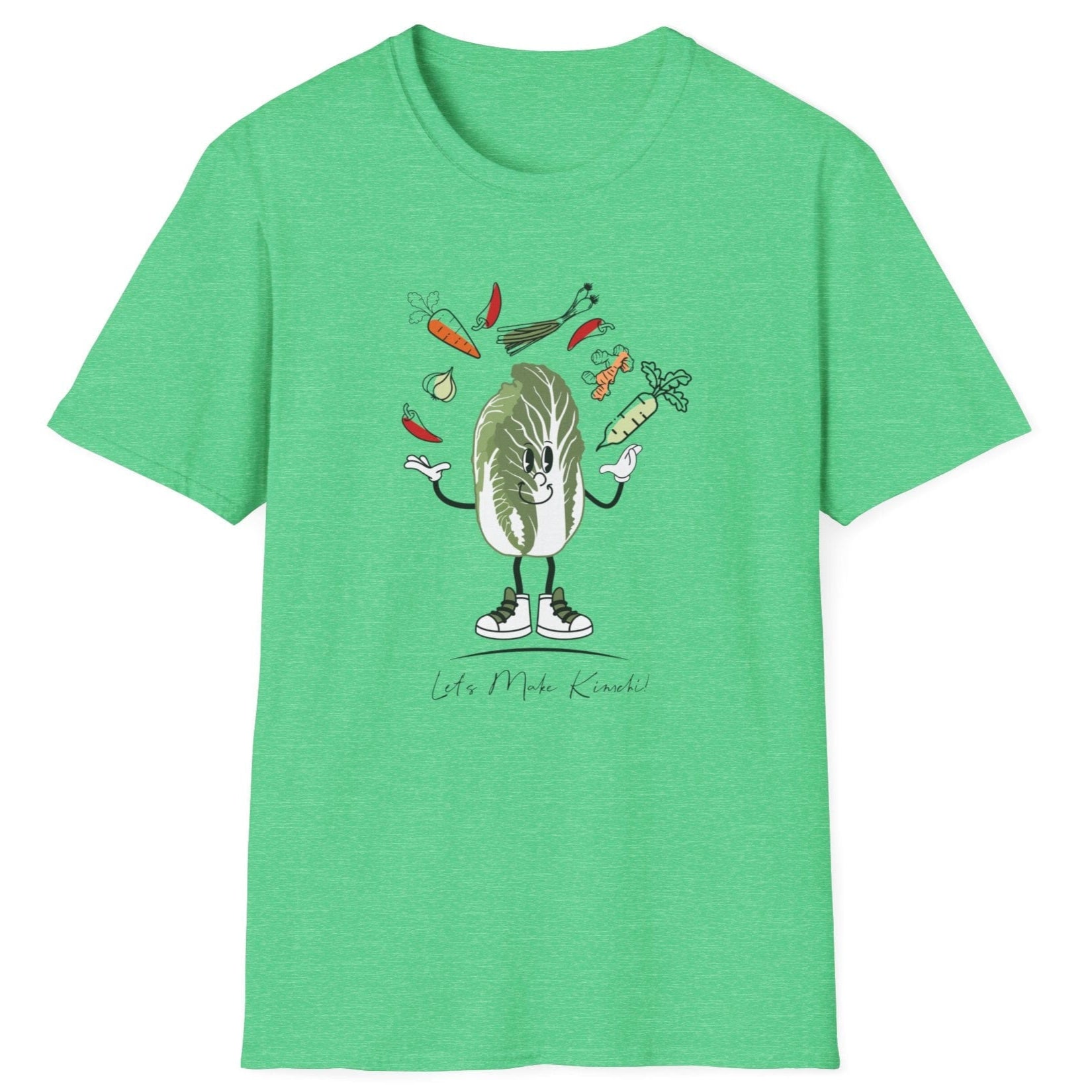 Let’s Make Kimchi green T-Shirt featuring a playful nappa cabbage juggling ingredients. The perfect fermentation T-shirt and gift for fermenters and kimchi lovers