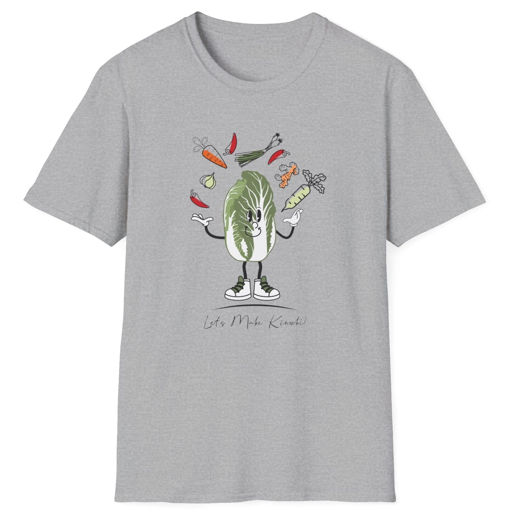 Let’s Make Kimchi grey T-Shirt featuring a playful nappa cabbage juggling ingredients. The perfect fermentation T-shirt and gift for fermenters and kimchi lovers
