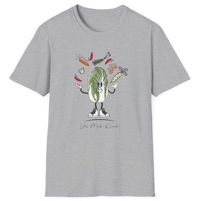 Let’s Make Kimchi grey T-Shirt featuring a playful nappa cabbage juggling ingredients. The perfect fermentation T-shirt and gift for fermenters and kimchi lovers