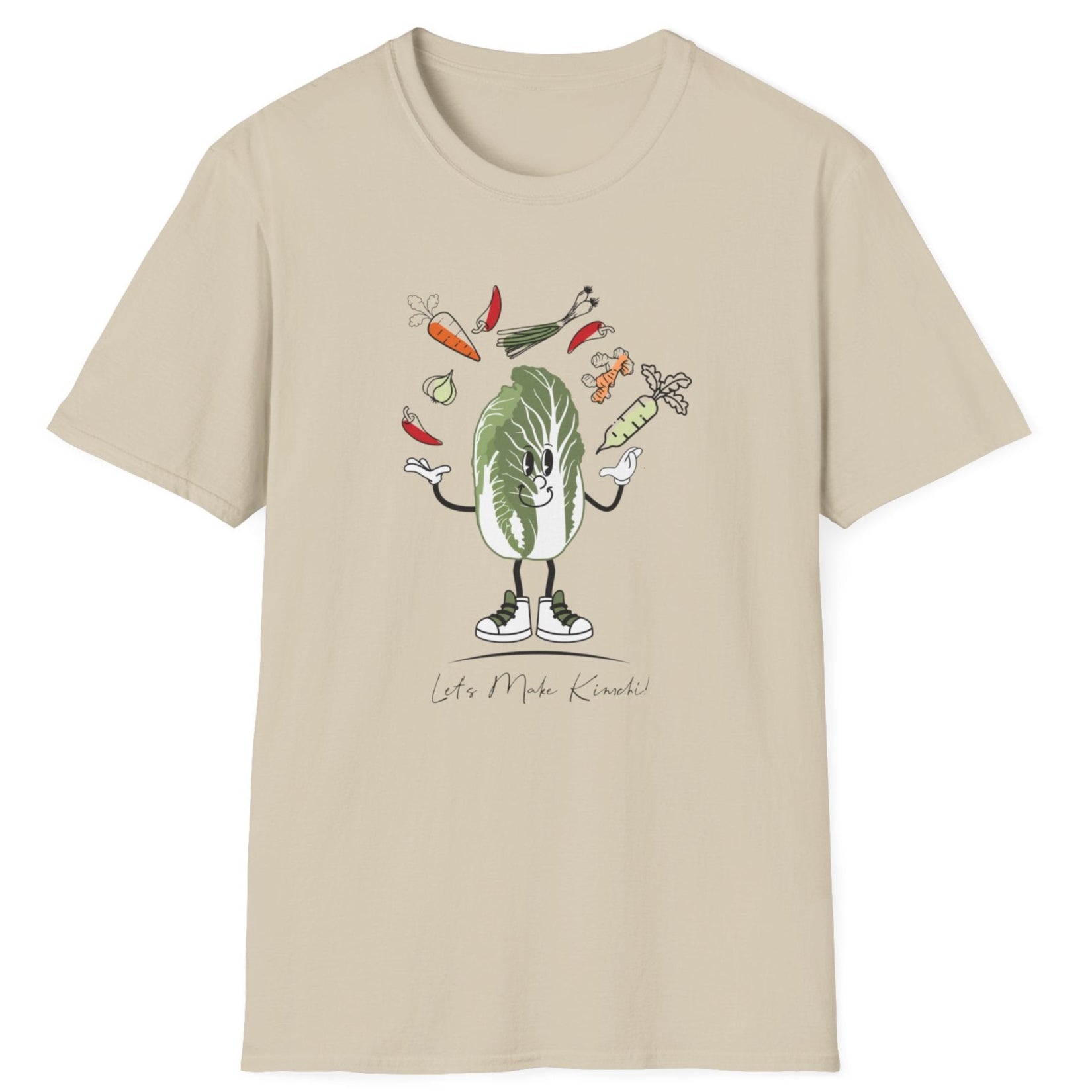 Let’s Make Kimchi neutral T-Shirt featuring a playful nappa cabbage juggling ingredients. The perfect fermentation T-shirt and gift for fermenters and kimchi lovers
