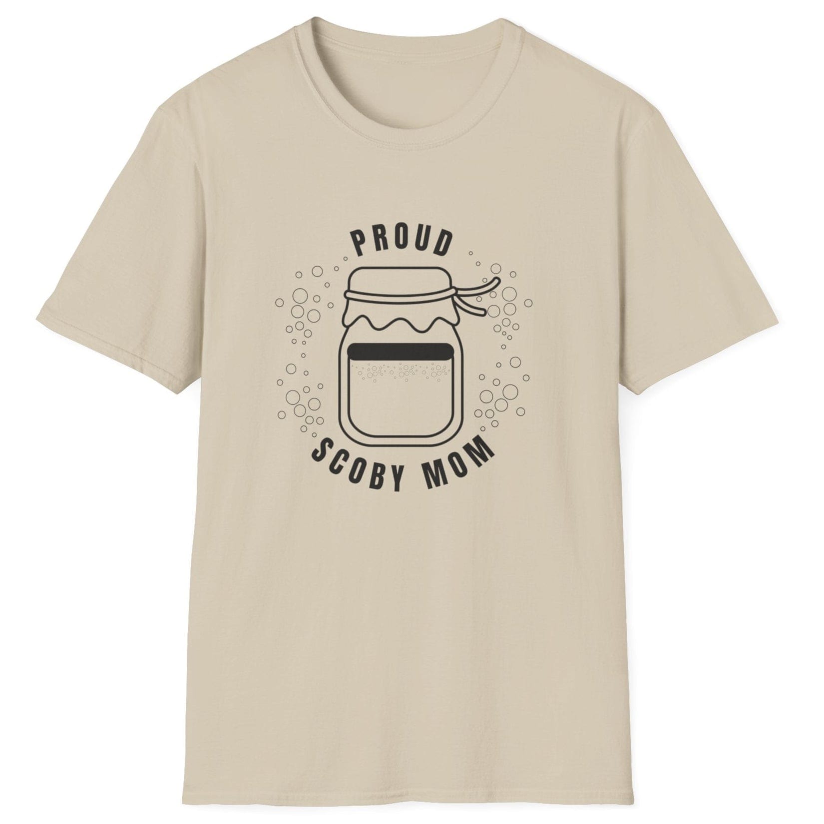 Proud SCOBY Mom T-shirt - black design on a 'sand' coloured T-Shirt, unisex cotton tee for kombucha brewers and fermentation enthusiasts
