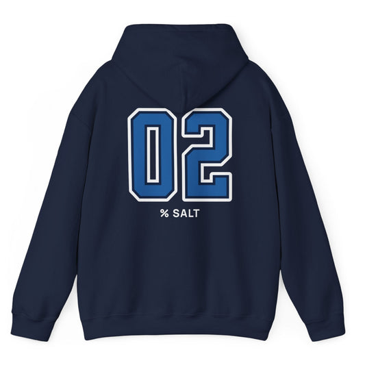 navy hoodie with big bold varsity style numbers representing the 2% salt ratio for vegetable ferments like sauerkraut