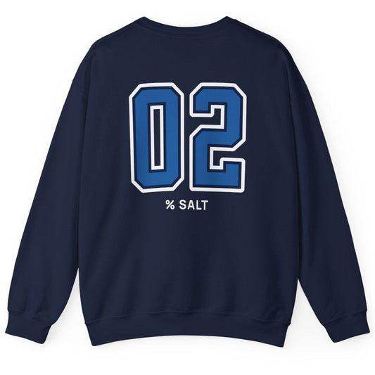 navy sweatshirt with big bold varsity style numbers representing the 2% salt ratio for vegetable ferments like sauerkraut
