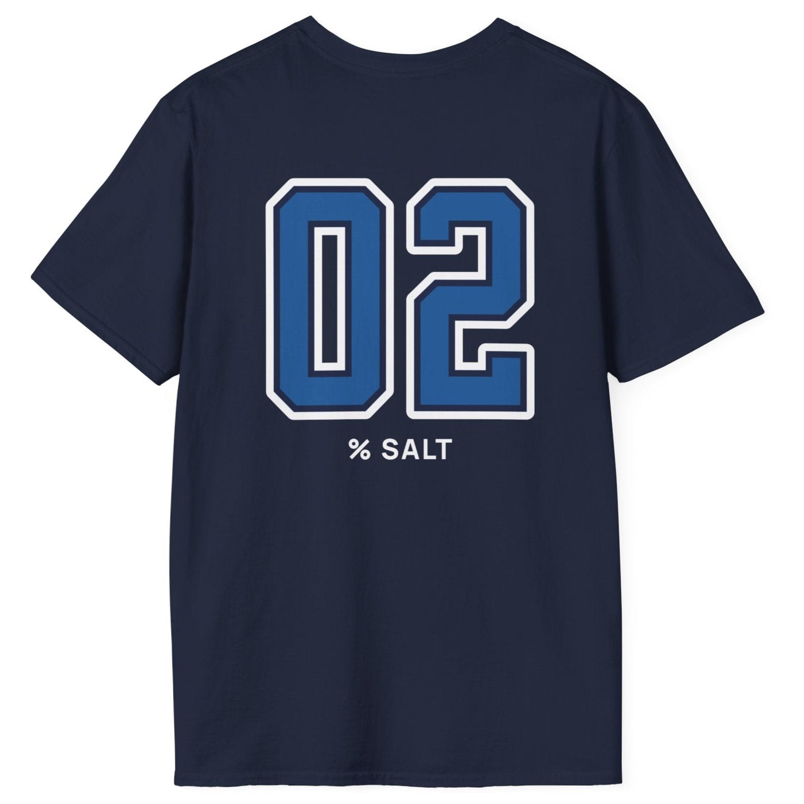 navy cotton t-shirt with big bold varsity style numbers representing the 2% salt ratio for vegetable ferments.