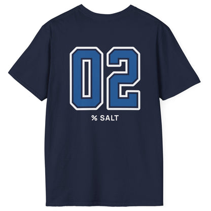 navy cotton t-shirt with big bold varsity style numbers representing the 2% salt ratio for vegetable ferments.