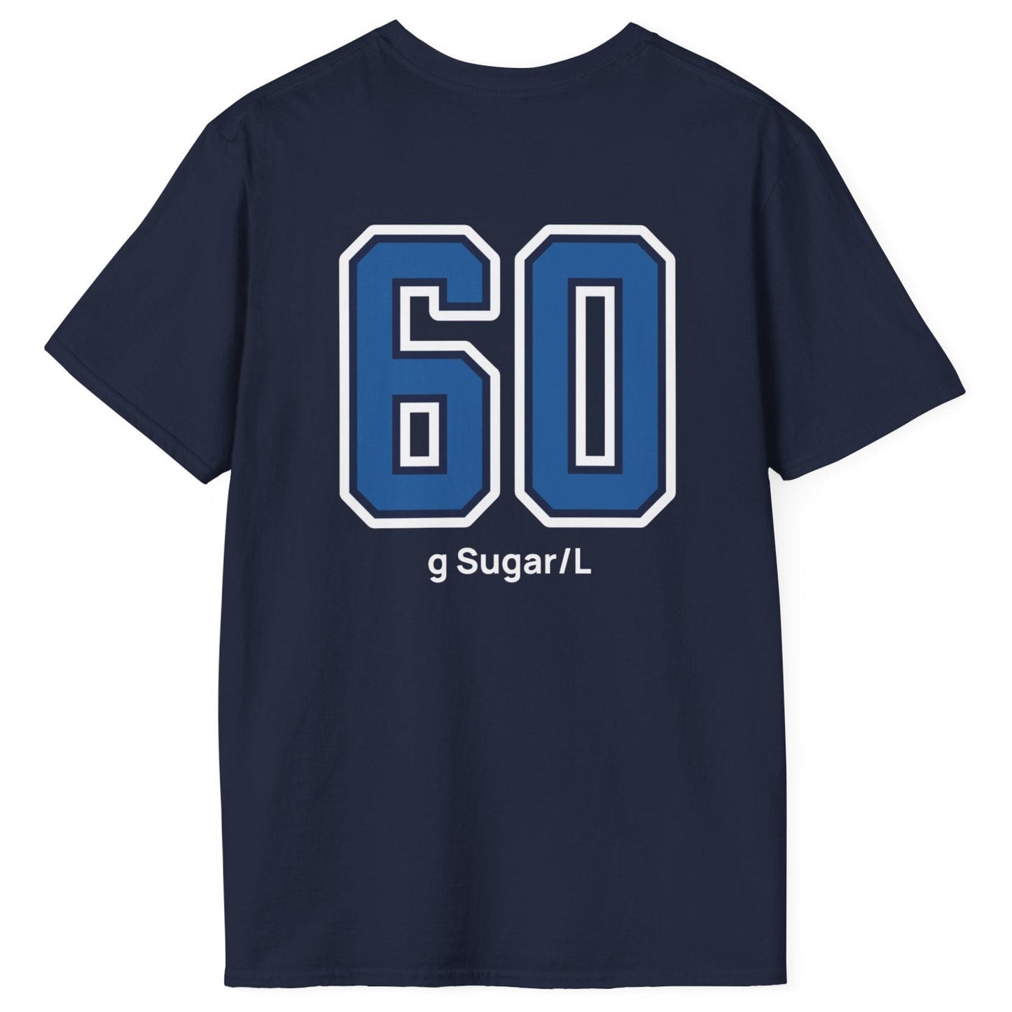 navy cotton varsity style t-shirt for kombucha brewers with big bold back print stating 60g Sugar/L