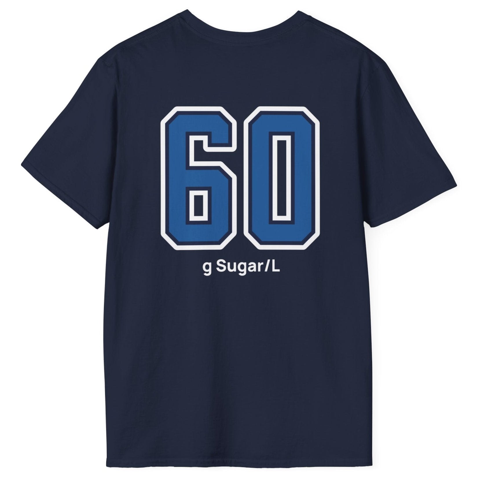 navy cotton varsity style t-shirt for kombucha brewers with big bold back print stating 60g Sugar/L
