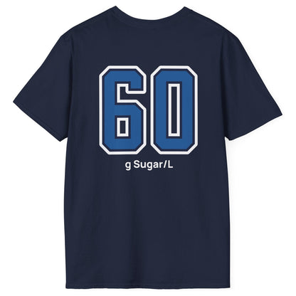 navy cotton varsity style t-shirt for kombucha brewers with big bold back print stating 60g Sugar/L