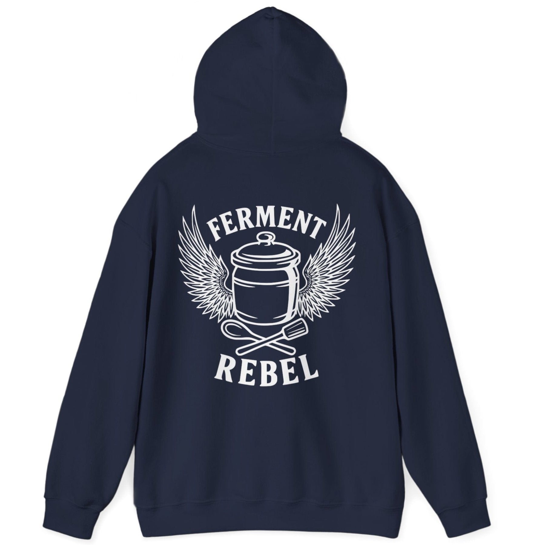 Navy Ferment Rebel back print hoodie for fans of fermentation, featuring a ceramic crock with dramatic wings and crossed wooden spoon and tamper - tools of the trade. Design inspired by vintage Harley Davidson jackets.