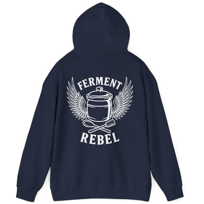 Navy Ferment Rebel back print hoodie for fans of fermentation, featuring a ceramic crock with dramatic wings and crossed wooden spoon and tamper - tools of the trade. Design inspired by vintage Harley Davidson jackets.