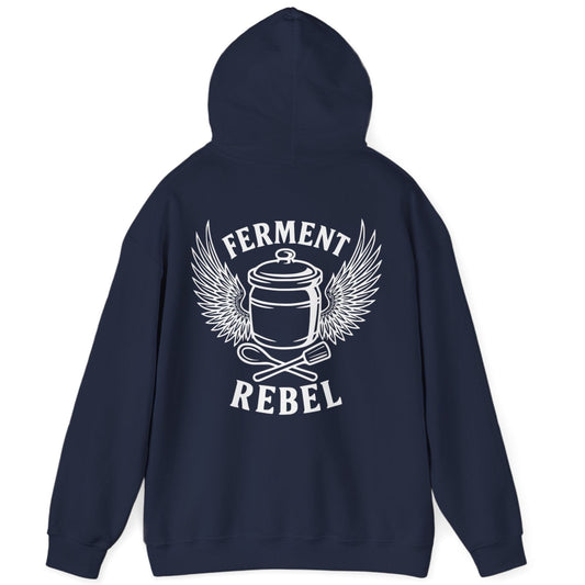 Navy Ferment Rebel back print hoodie for fans of fermentation, featuring a ceramic crock with dramatic wings and crossed wooden spoon and tamper - tools of the trade. Design inspired by vintage Harley Davidson jackets.